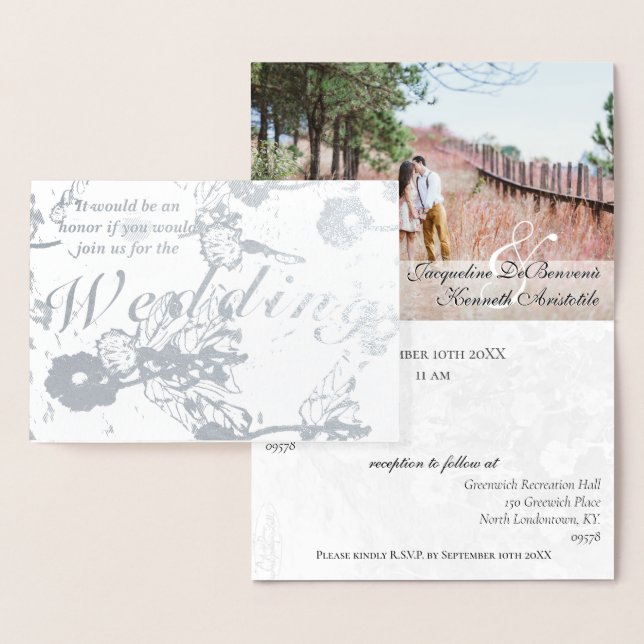 Photo Floral Silver Foil Wedding Ceremony  Card (Display)