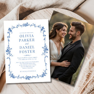 Photo Floral Victorian French Royal Blue Wedding Invitation