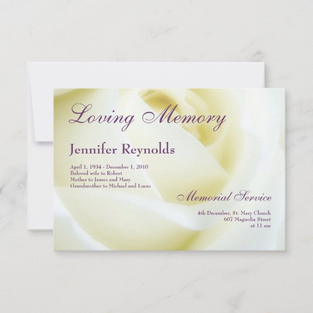 Photo Floral White Rose Funeral or Memorial Announcement (Front)