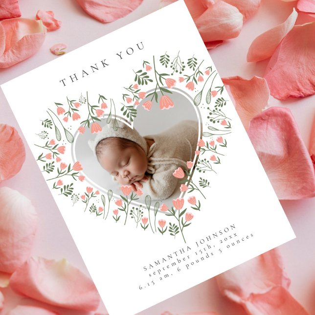 Photo Flowery Heart Elegant Baby Shower Thank You Postcard (Creator Uploaded)