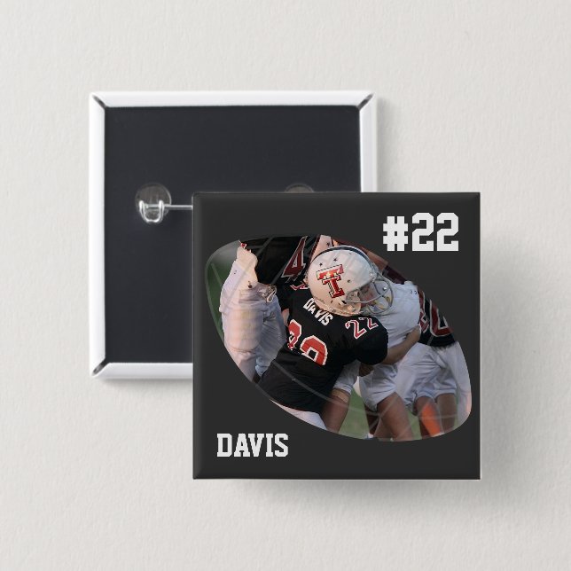 Photo Football -Black - Personalised  15 Cm Square Badge (Front & Back)