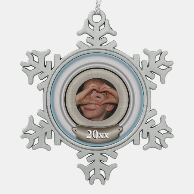 Photo Frame Personalizable Template Snowflake Pewter Christmas Ornament (Front)