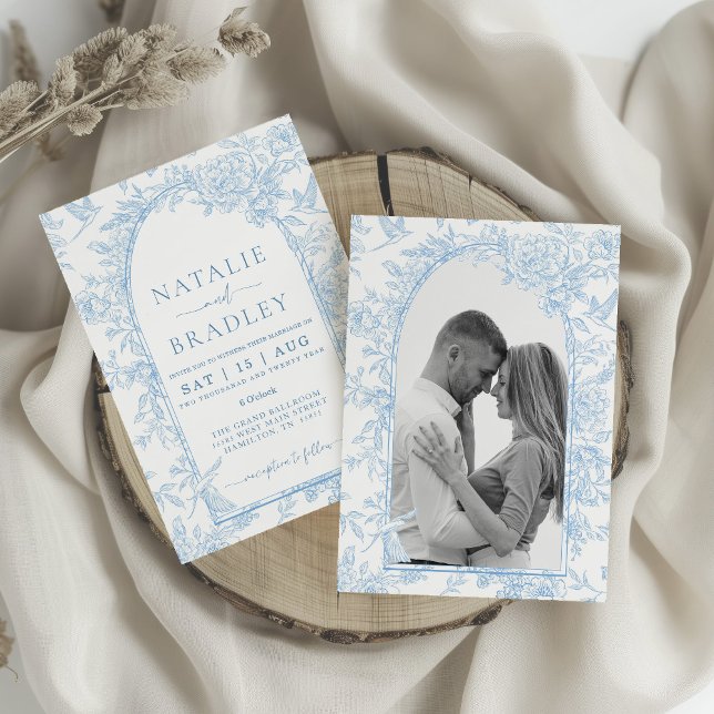 Photo French Toile Blue and White Floral Wedding Invitation (French Toile inspired blue and white wedding invitation with photo on back)