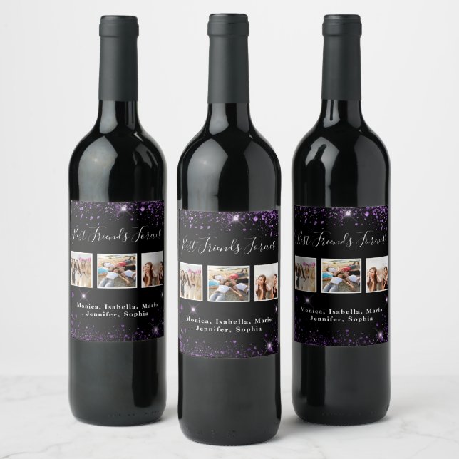 Photo friends forever black purple glitter dust wine label (Bottles)