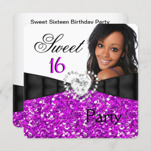 Photo Fuchsia Glitter Sweet 16 16th Birthday Party Invitation