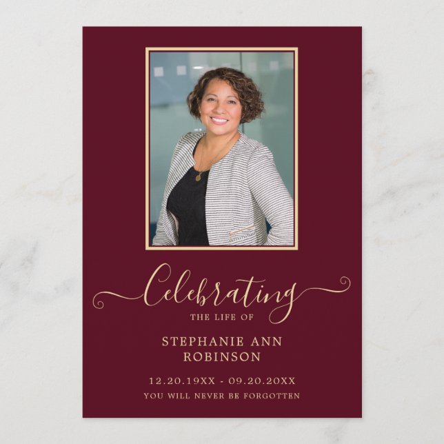 Photo Funeral Order of Service Burgundy Gold Programme (Front)