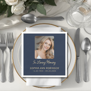 Photo Funeral Sympathy Memorial Gold Script Blue  Napkin