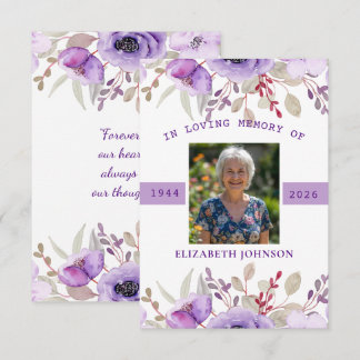 Photo Funeral Sympathy Memorial Purple Floral  Card