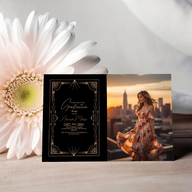 Photo Geometric Black Gold Gatsby Graduation Invitation (Creator Uploaded)