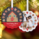 Photo Gingerbread Sweet Holiday Wishes Chalkboard Tree Decoration Card<br><div class="desc">“Sweet Holiday Wishes”. A whimsical gingerbread cookie tree, stars, hearts and candies, and playful script typography, overlay a red panel and chalkboard background. A peppermint candy pattern and the photo of your choice adorn the back. Celebrate with family and friends while you feel the warmth and joy of the holiday...</div>