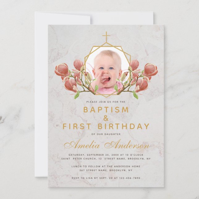 Photo Girl Baptism Pink Magnolia First Birthday Invitation (Front)