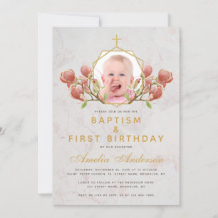 Photo Girl Baptism Pink Magnolia First Birthday Invitation