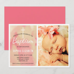 Photo Girl Baptism, Watercolor Pink and Gold Invitation