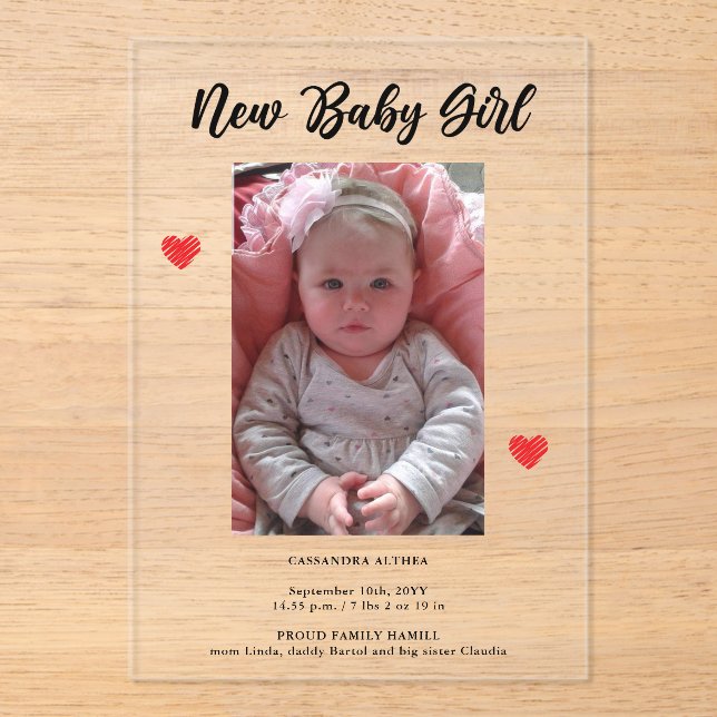 Photo Girl Birth Announcement Acrylic Card (Front)