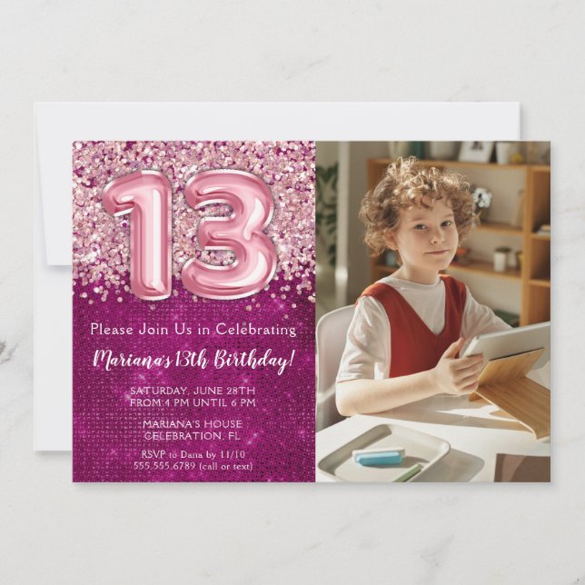 Photo Girl Magenta Pink Glitter 13th Birthday Invitation (Front)