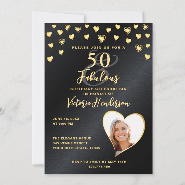 Photo Glam Black & Gold 50 and Fabulous Birthday Invitation (Front)