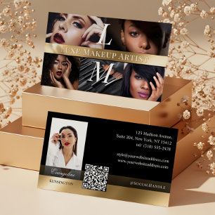 Photo Glam Makeup Artist Luxe Monogram Black Gold Business Card