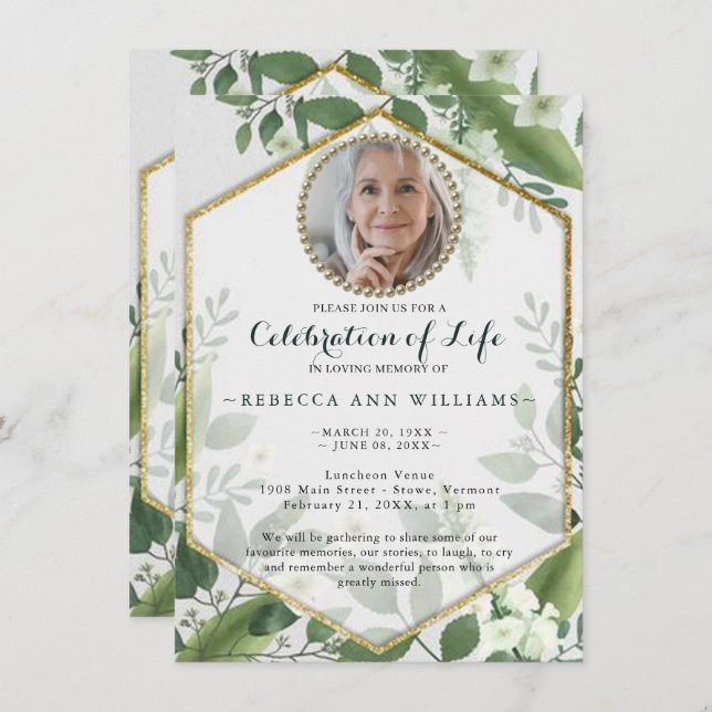 Photo Glitter Foliage Greenery Celebration of Life Invitation (Front/Back)