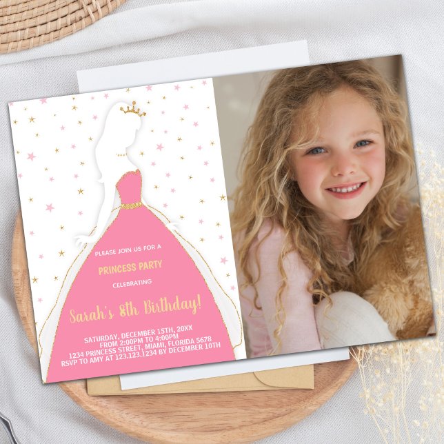 Photo Glitter Pink Princess Birthday Invitations (Photo Glitter Pink Princess Birthday Invitations)