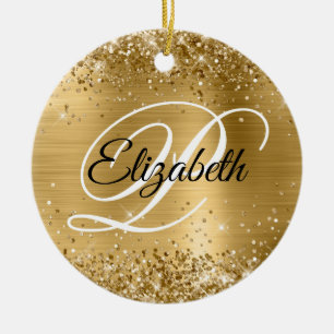 Photo Glittery Gold Foil Fancy Monogram Ceramic Tree Decoration