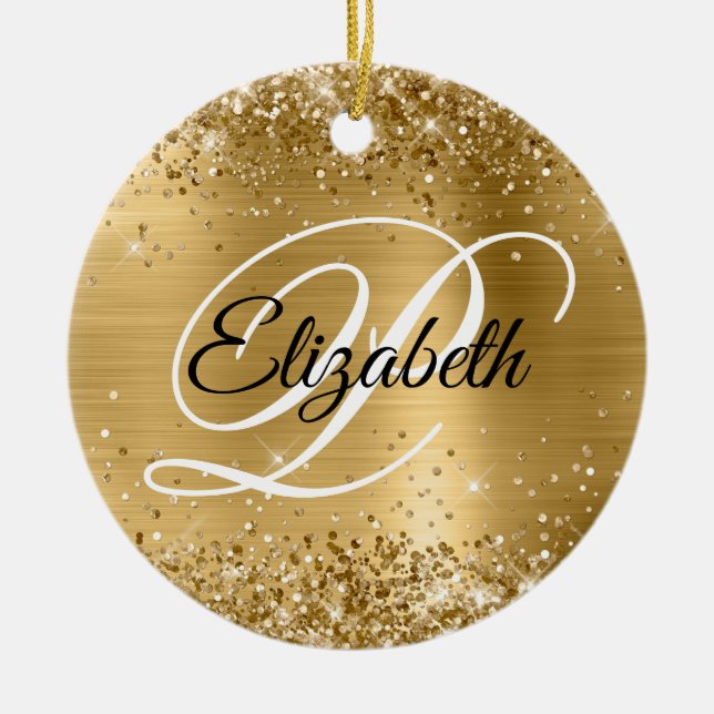 Photo Glittery Gold Foil Fancy Monogram Ceramic Tree Decoration (Front)