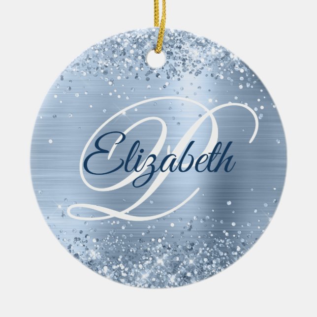 Photo Glittery Pale Dusty Blue Foil Fancy Monogram Ceramic Tree Decoration (Front)