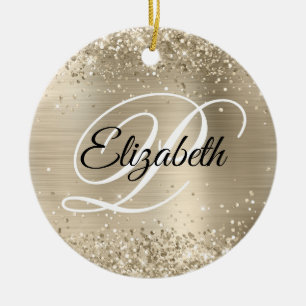 Photo Glittery Pale Gold Foil Fancy Monogram Ceramic Tree Decoration