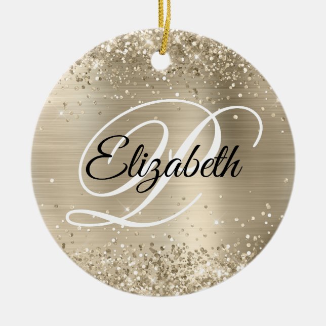 Photo Glittery Pale Gold Foil Fancy Monogram Ceramic Tree Decoration (Front)