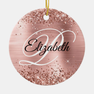 Photo Glittery Rose Gold Foil Fancy Monogram Ceramic Tree Decoration