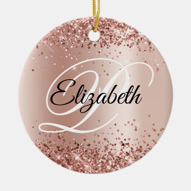 Photo Glittery Rose Gold Shimmer Fancy Monogram Ceramic Tree Decoration (Front)