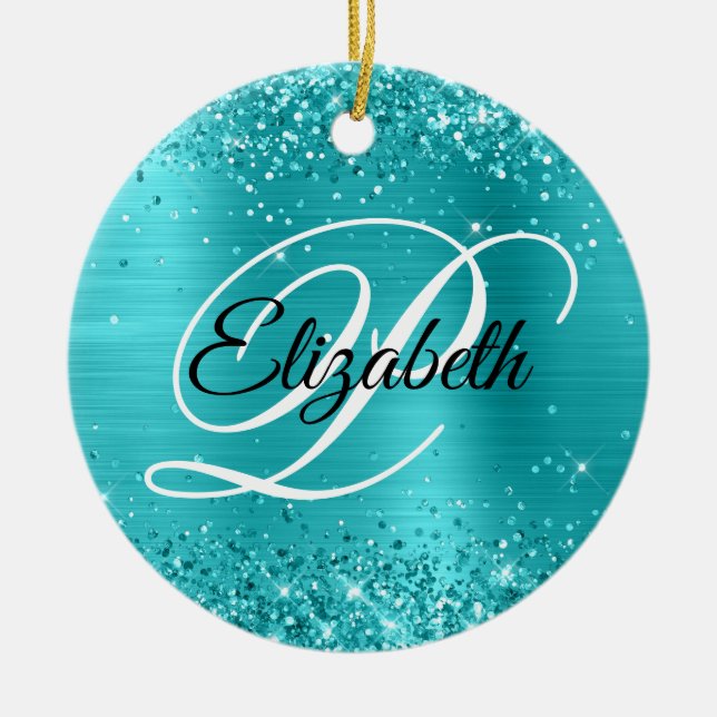 Photo Glittery Turquoise Blue Foil Fancy Monogram Ceramic Tree Decoration (Front)