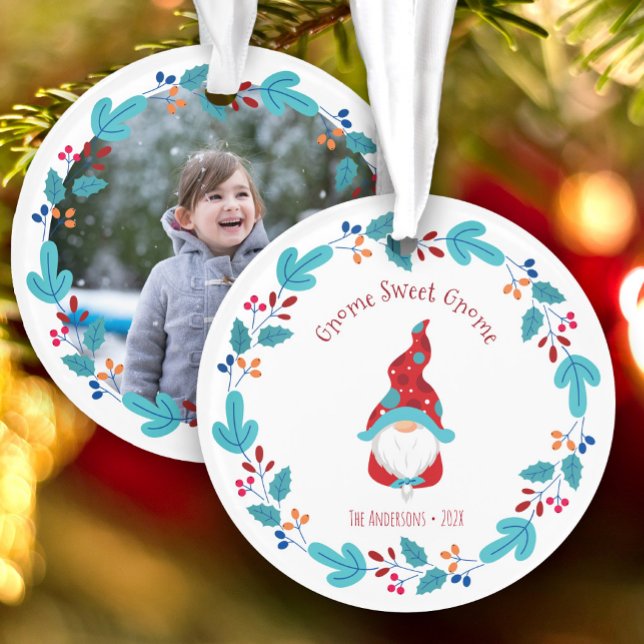 Photo Gnome Sweet Gnome Cute Elf Floral Wreath Ornament (Creator Uploaded)