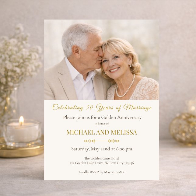 Photo Gold 50th Anniversary Elegant Couple Invitation (Soft candlelight highlights this romantic 50th anniversary invitation design)