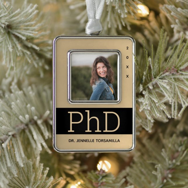 Photo Gold Black Name PhD Graduation Silver Plated Framed Ornament (Tree)