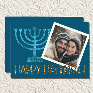 Photo Gold Blue Menorah Hanukkah Card