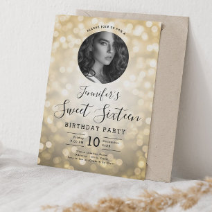 PHOTO Gold Bokeh Lights Sweet 16 Party Invitation