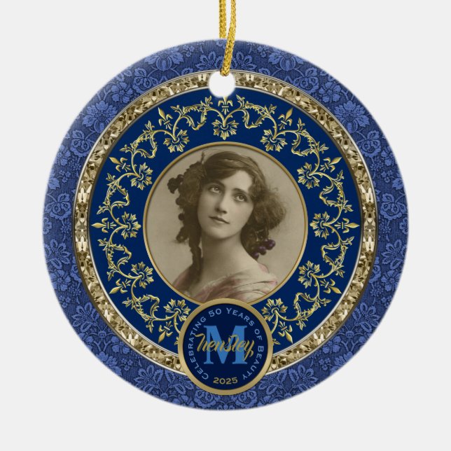 Photo Gold Classic Damask Commemorative Dark Blue Ceramic Tree Decoration (Front)