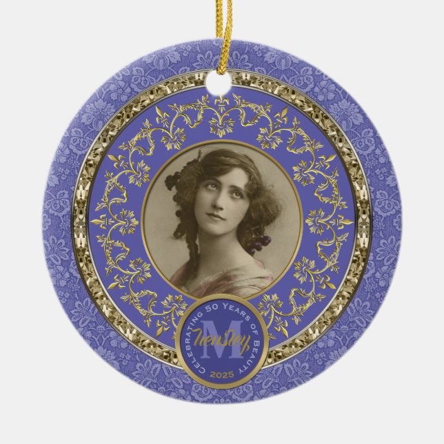 Photo Gold Classic Damask Commemorative Lavender Ceramic Tree Decoration (Front)