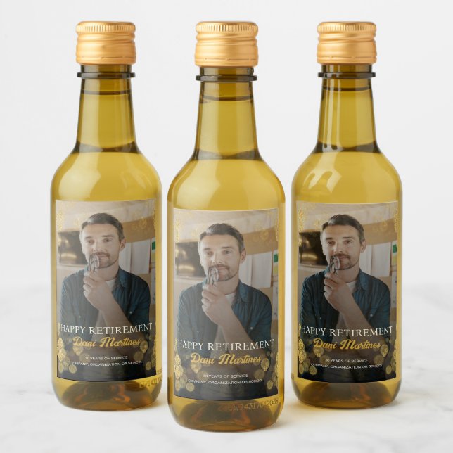 Photo Gold Confetti Happy Retirement Party Wine Label (Bottles)