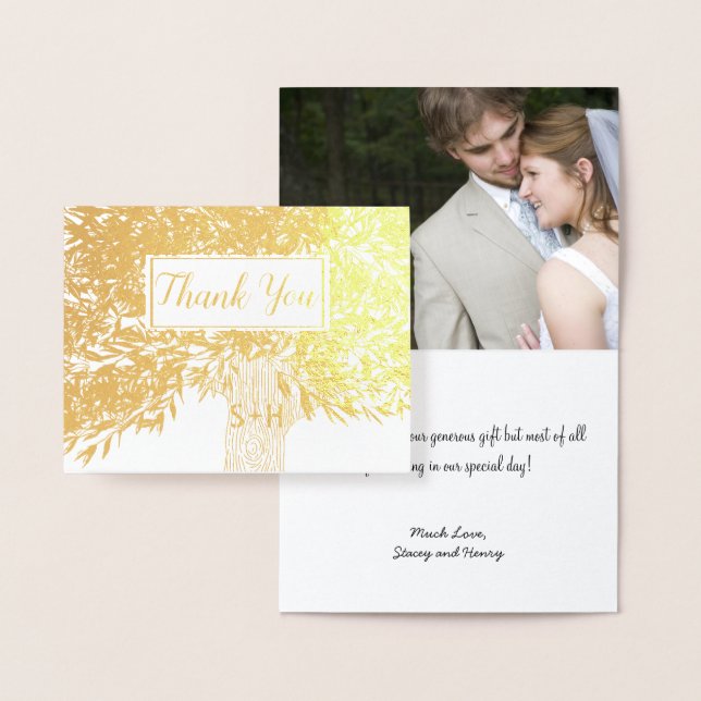 Photo Gold Foil Initials Tree Trunk Thank You Card (Display)