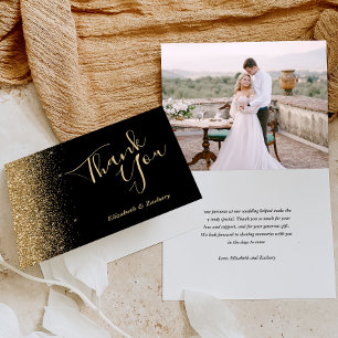 Photo Gold Glitter Black Wedding Thank You Card