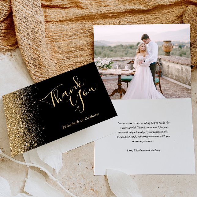 Photo Gold Glitter Black Wedding Thank You Card (Creator Uploaded)