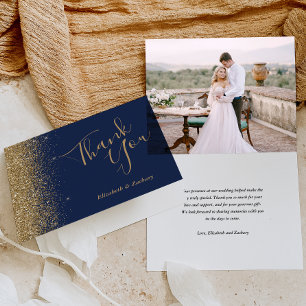 Photo Gold Glitter Navy Blue Wedding Thank You Card