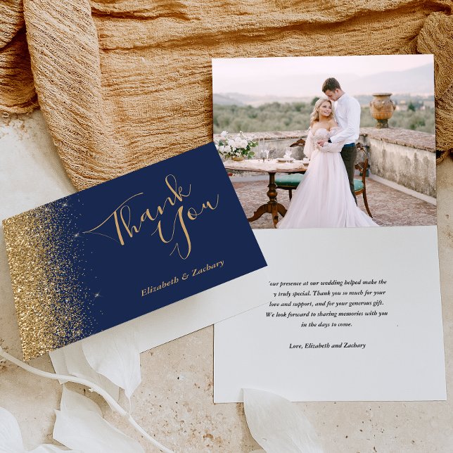 Photo Gold Glitter Navy Blue Wedding Thank You Card (Creator Uploaded)