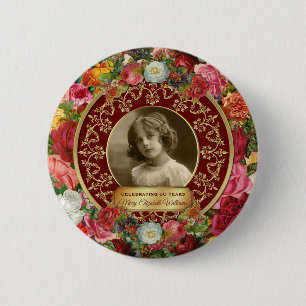 Photo Gold Gorgeous Roses Commemorative Burgundy 6 Cm Round Badge