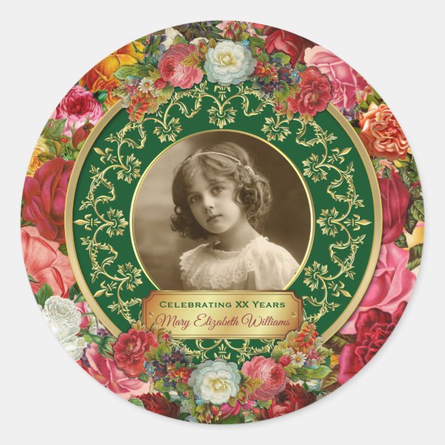 Photo Gold Gorgeous Roses Commemorative Green Classic Round Sticker (Front)
