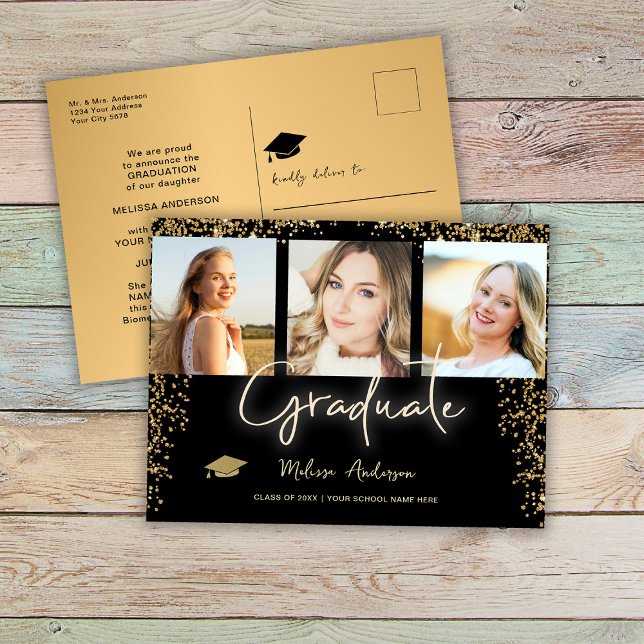 Photo Gold Graduate Navy Blue balloon Announcement Postcard (Creator Uploaded)