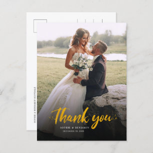 Photo Gold Hand Lettered Elegant Wedding Thank You Postcard