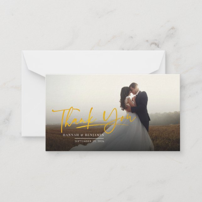 Photo Gold Hand-Lettered Wedding Thank You Card (Front)