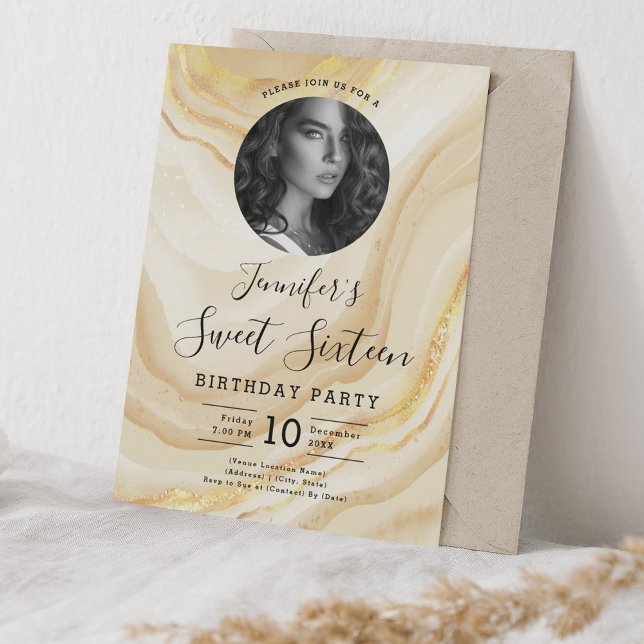 PHOTO Gold Marble Glitter Sweet 16 Party Invitation (PHOTO Gold Marble Glitter Sweet 16 Party Invitation)